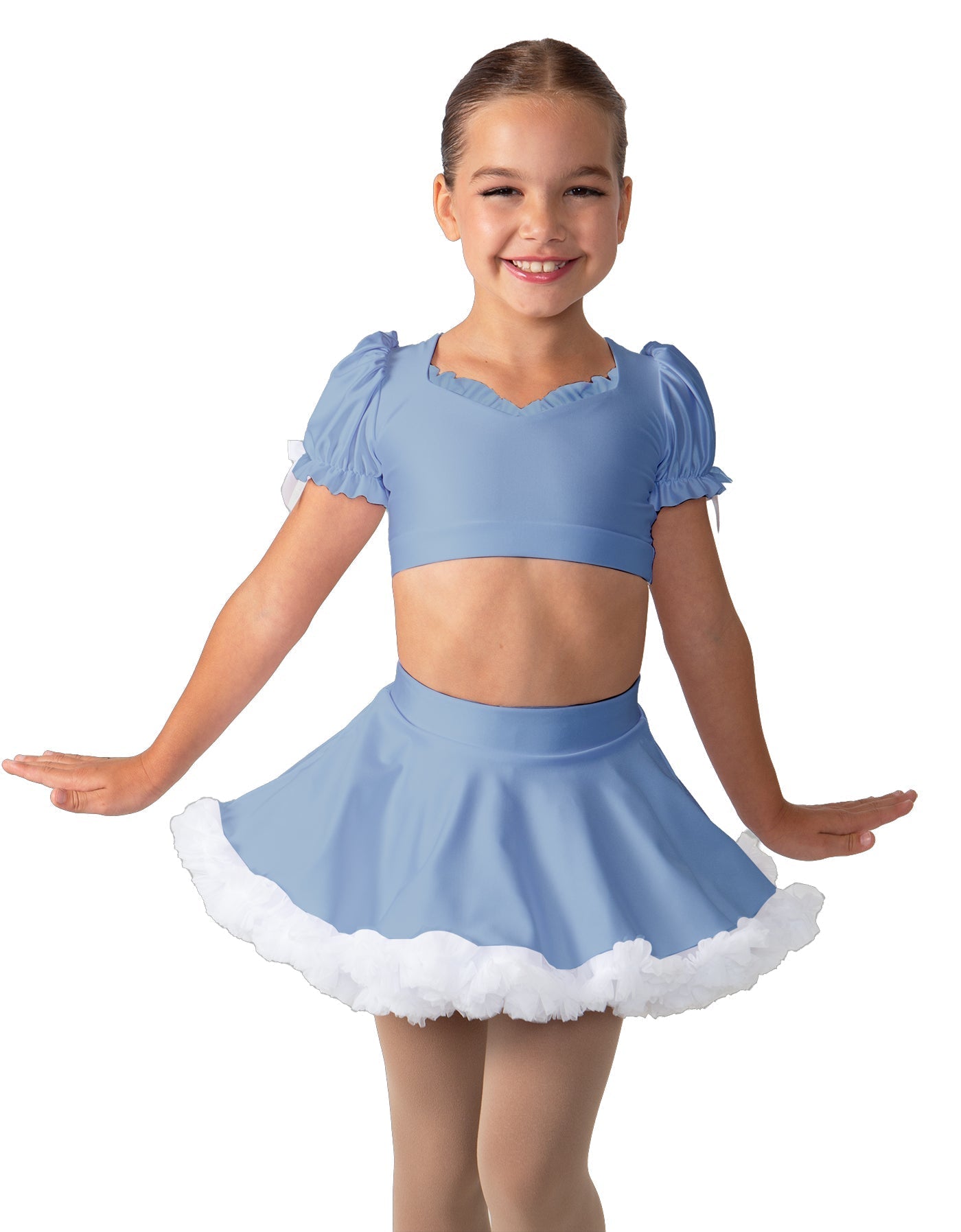 Solid Lycra Sweetheart Puff Sleeve Crop Top with Triangle Back and Ruffles