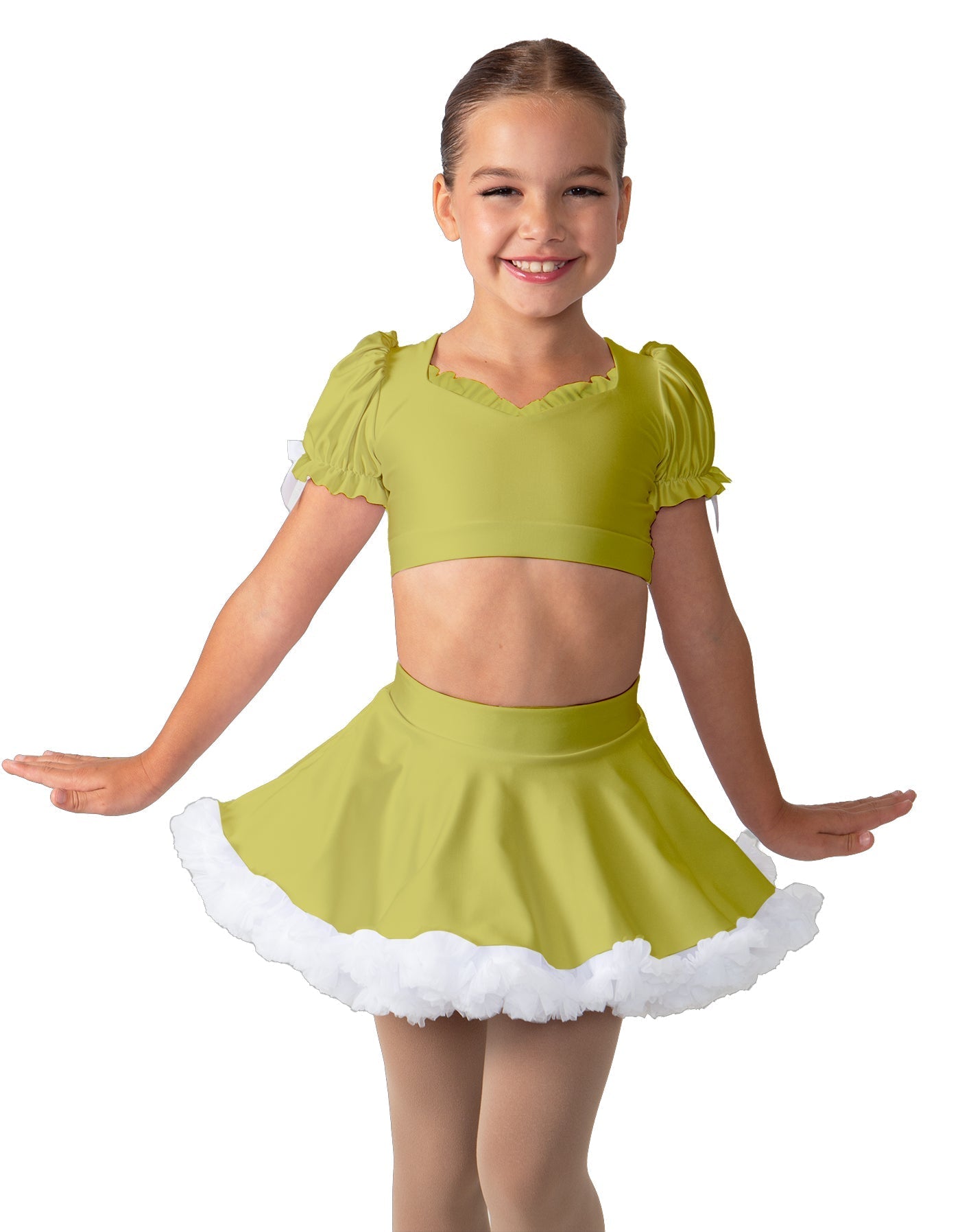 Solid Lycra Sweetheart Puff Sleeve Crop Top with Triangle Back and Ruffles