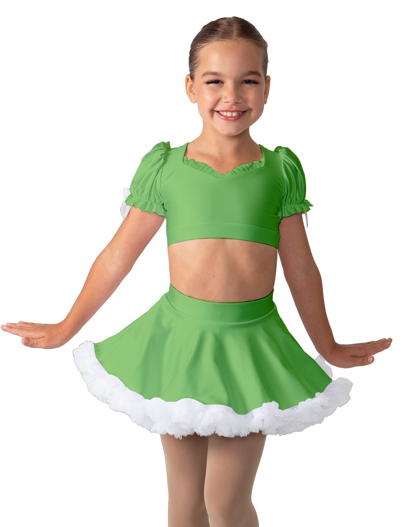 Solid Lycra Sweetheart Puff Sleeve Crop Top with Triangle Back and Ruffles