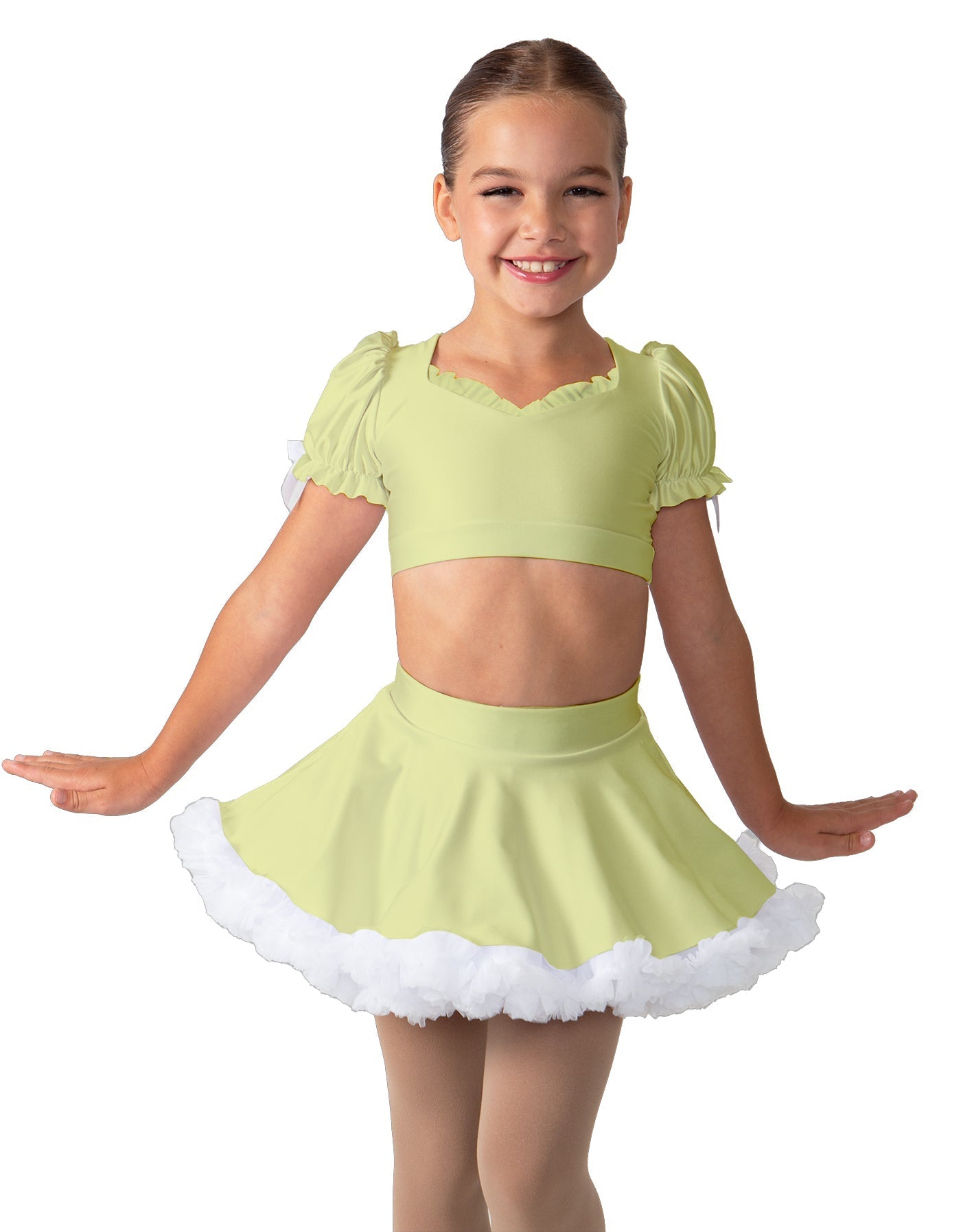 Solid Lycra Sweetheart Puff Sleeve Crop Top with Triangle Back and Ruffles