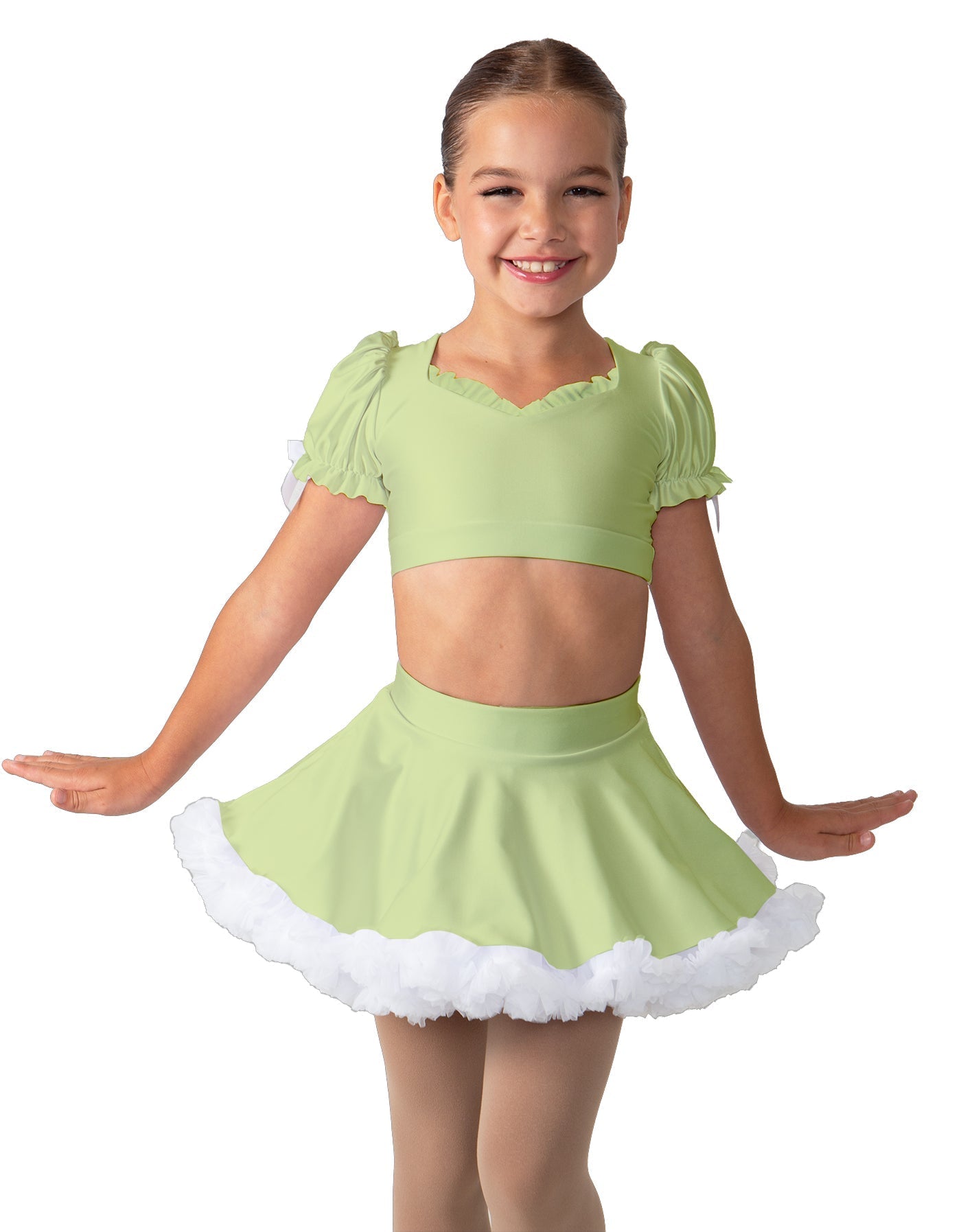 Solid Lycra Sweetheart Puff Sleeve Crop Top with Triangle Back and Ruffles