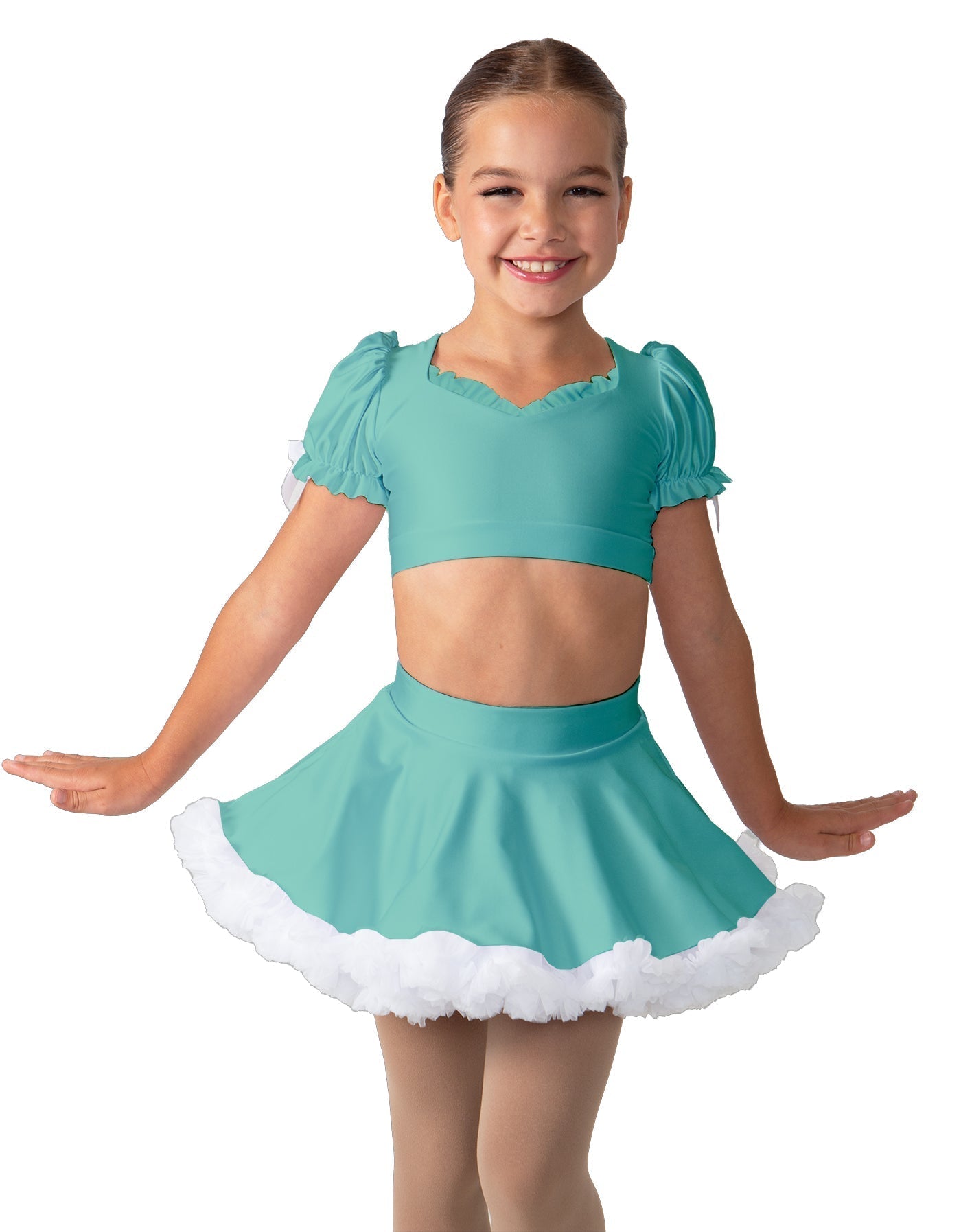 Solid Lycra Sweetheart Puff Sleeve Crop Top with Triangle Back and Ruffles