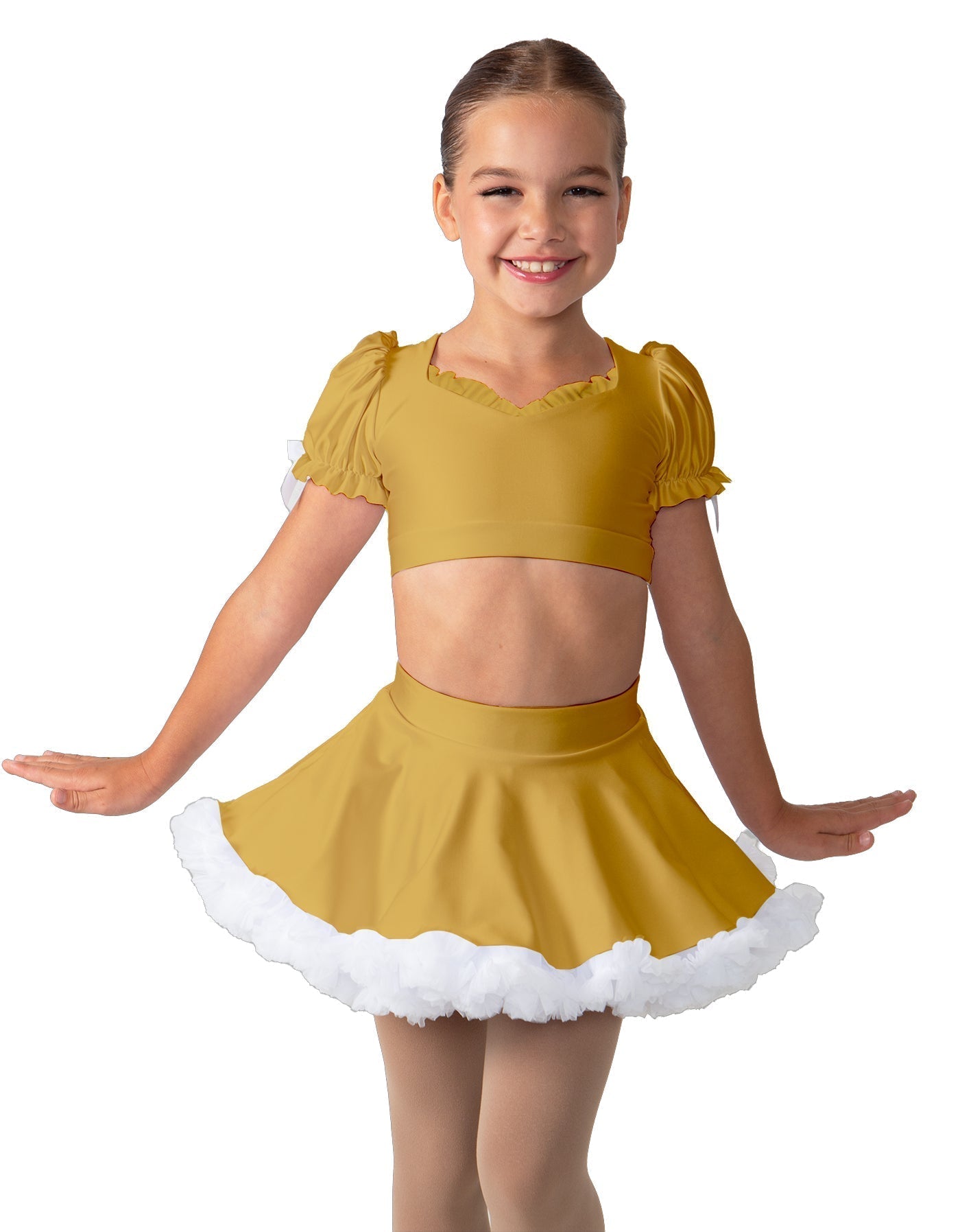Solid Lycra Sweetheart Puff Sleeve Crop Top with Triangle Back and Ruffles