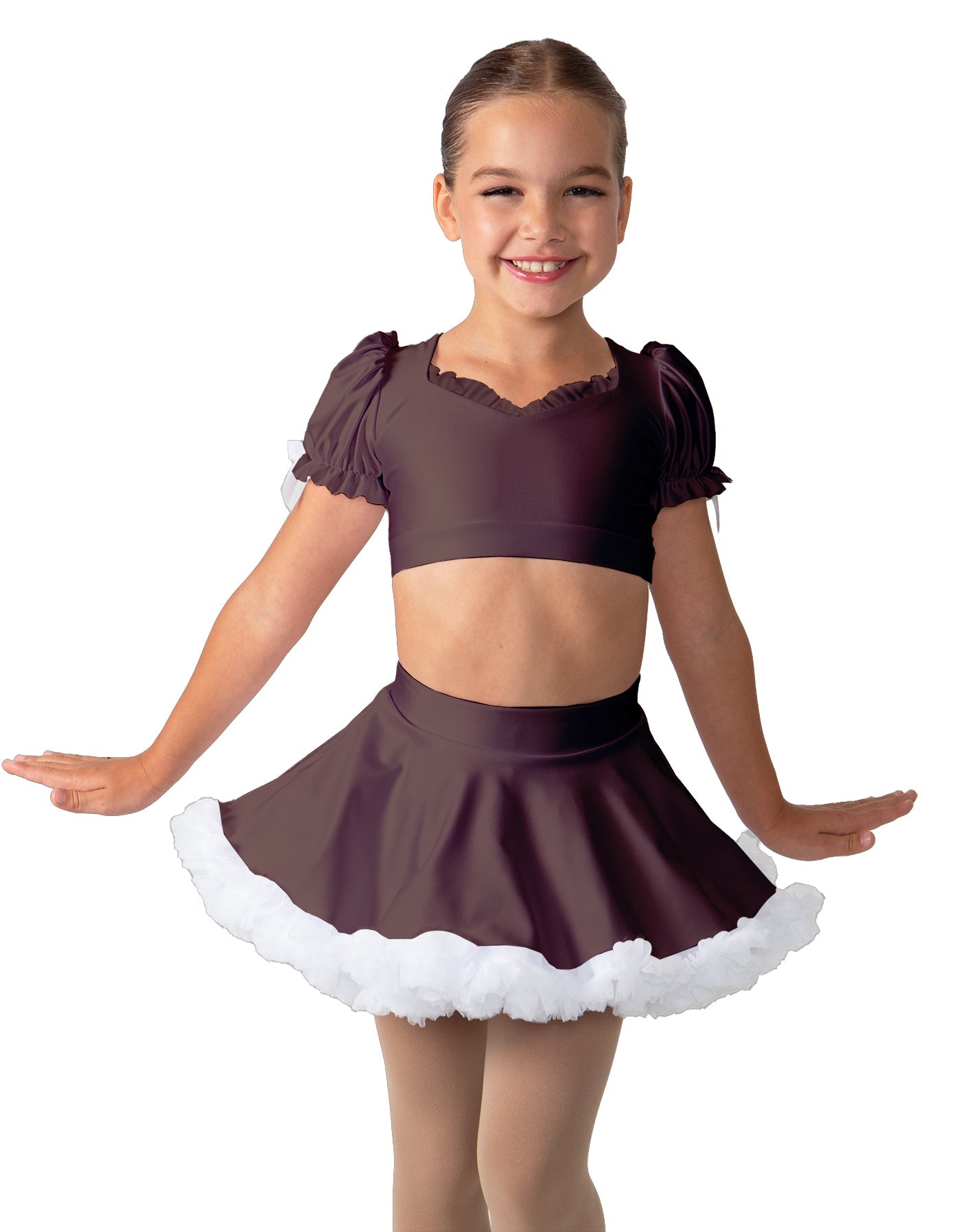 Solid Lycra Sweetheart Puff Sleeve Crop Top with Triangle Back and Ruffles