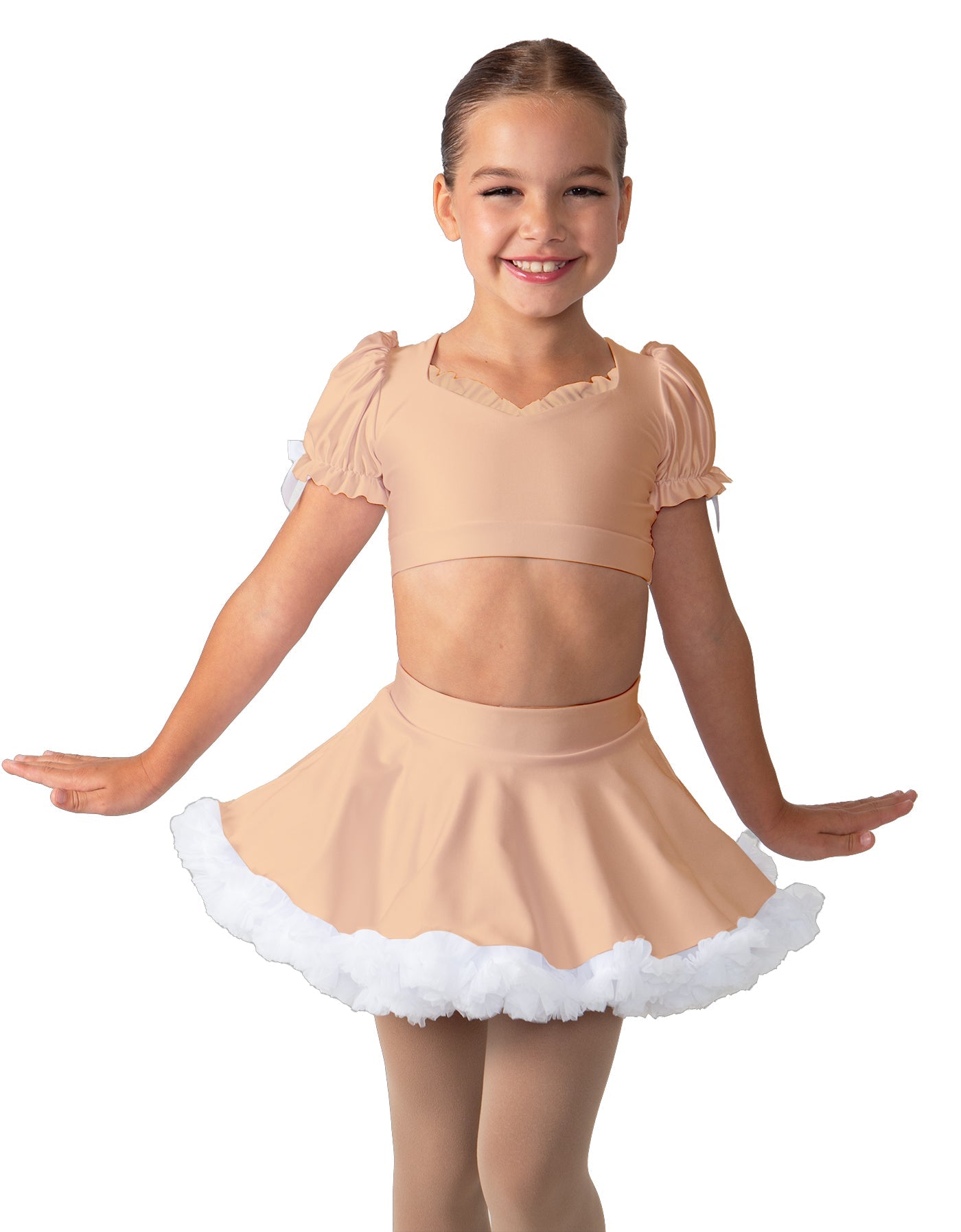 Solid Lycra Sweetheart Puff Sleeve Crop Top with Triangle Back and Ruffles
