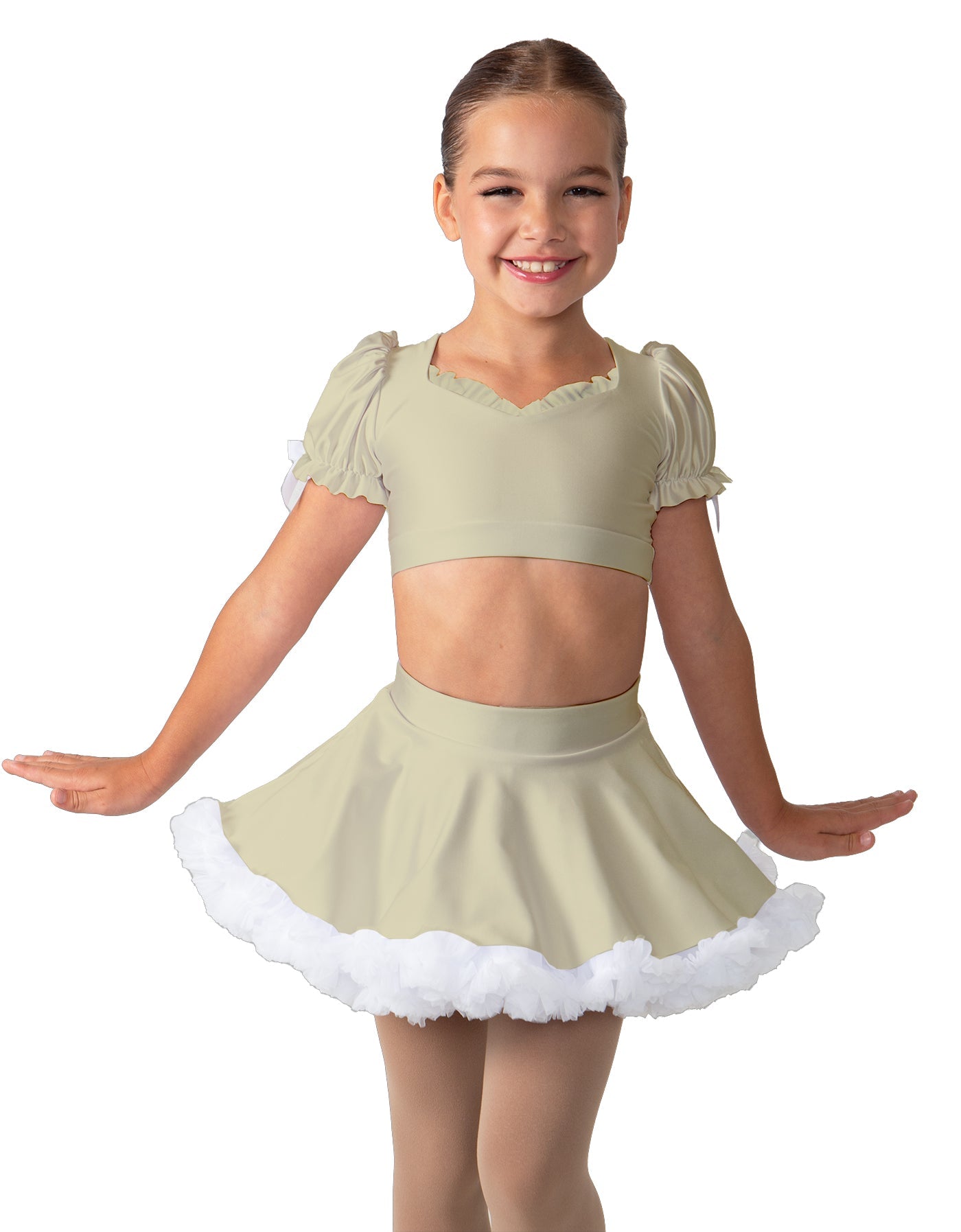 Solid Lycra Sweetheart Puff Sleeve Crop Top with Triangle Back and Ruffles