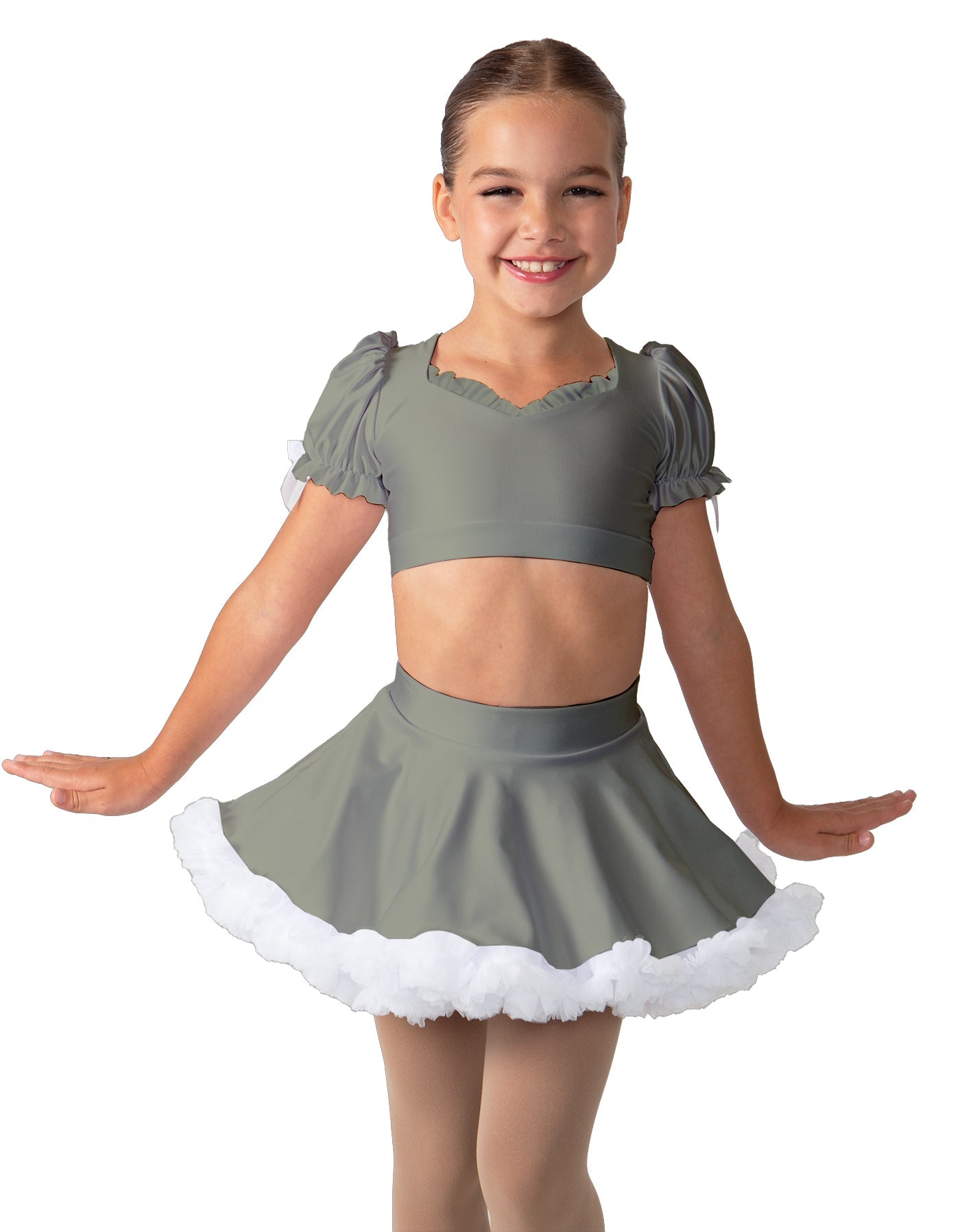 Solid Lycra Sweetheart Puff Sleeve Crop Top with Triangle Back and Ruffles
