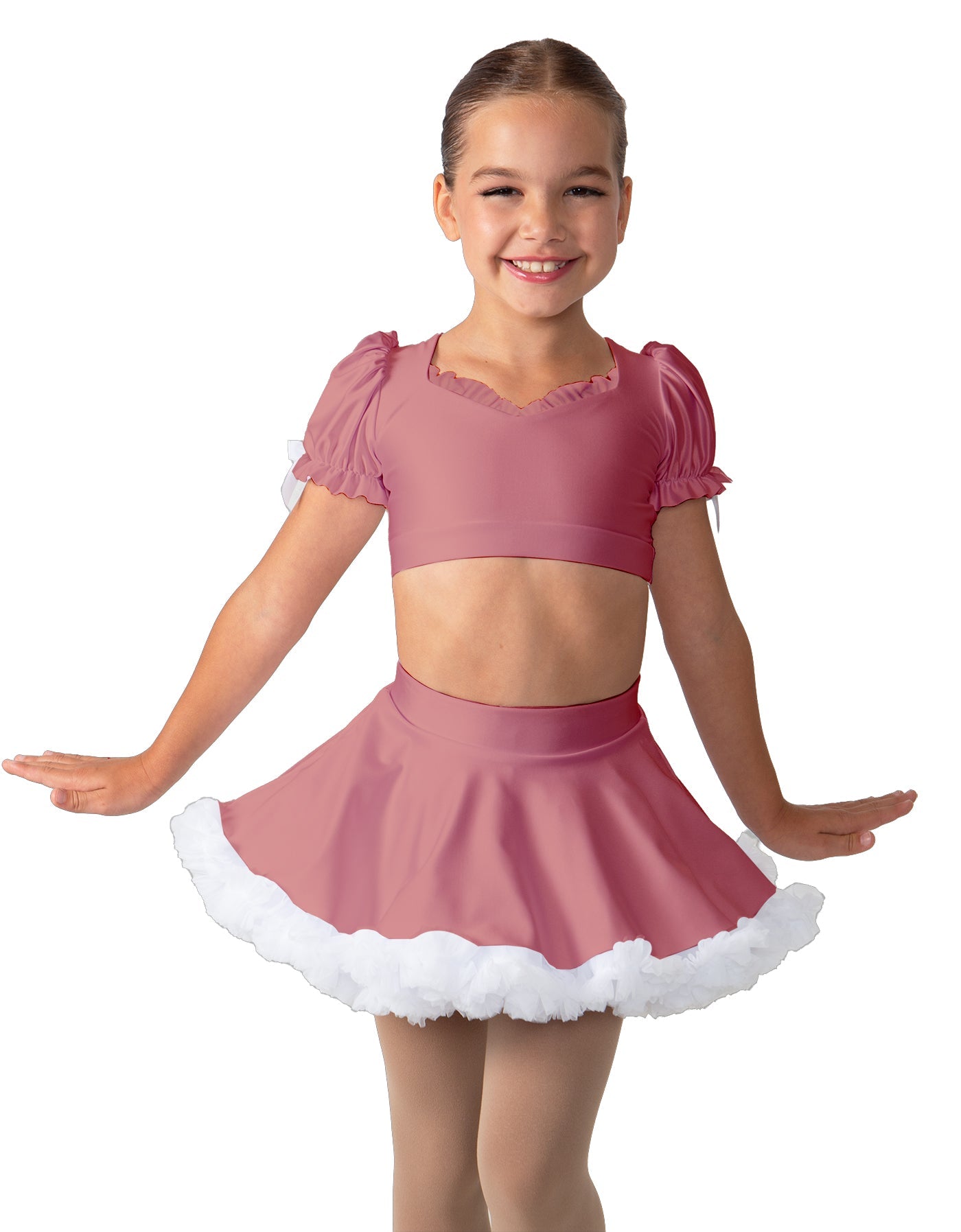 Solid Lycra Sweetheart Puff Sleeve Crop Top with Triangle Back and Ruffles