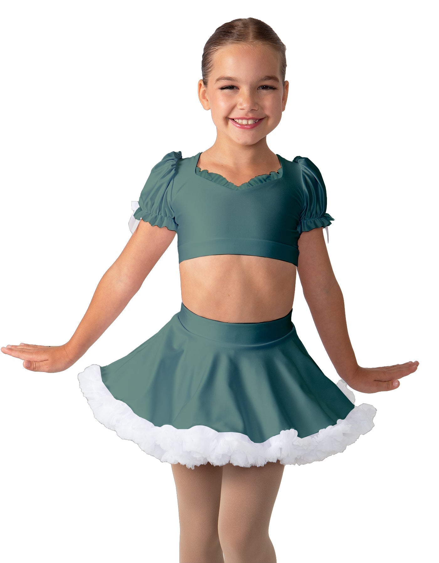 Solid Lycra Sweetheart Puff Sleeve Crop Top with Triangle Back and Ruffles