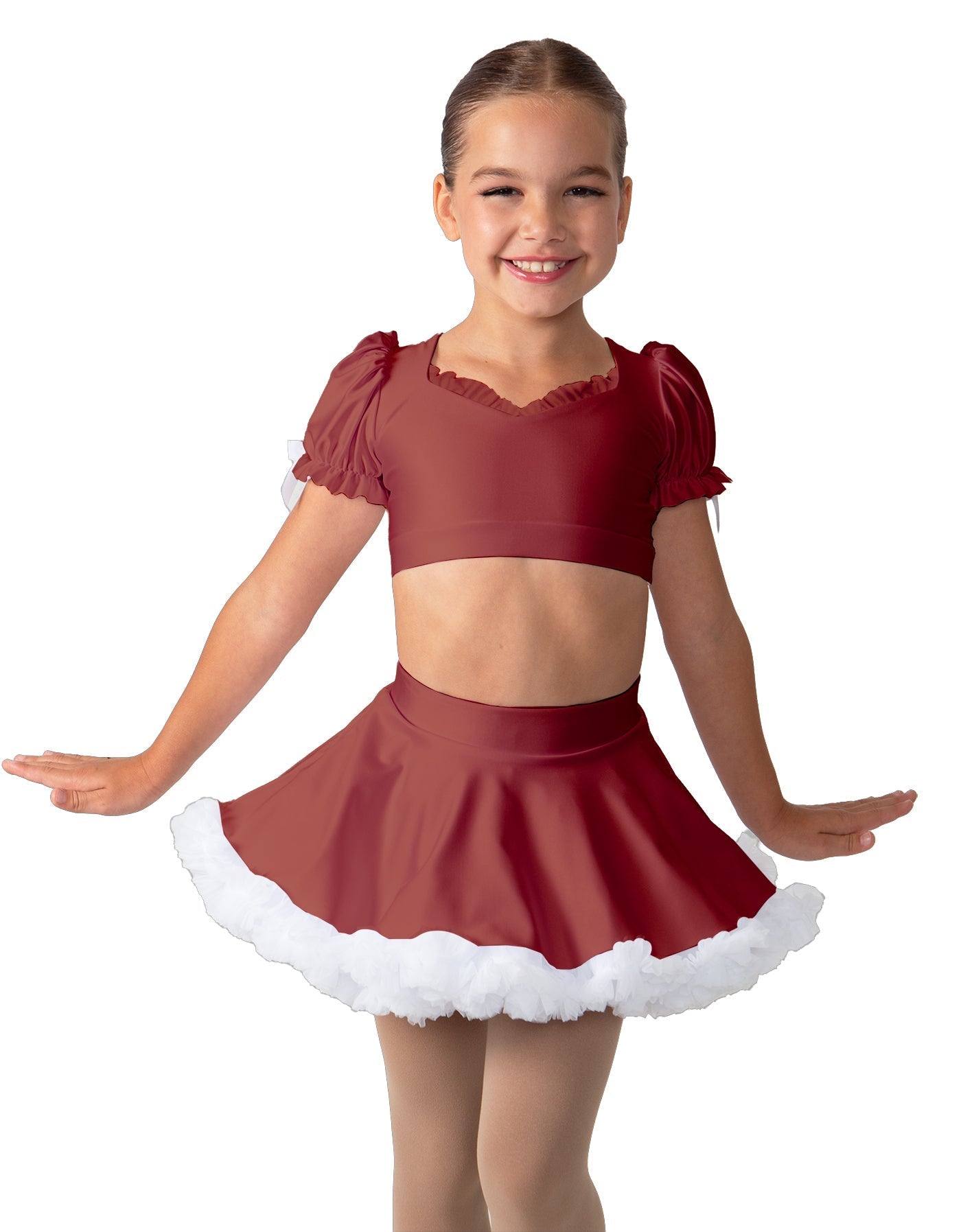 Solid Lycra Sweetheart Puff Sleeve Crop Top with Triangle Back and Ruffles