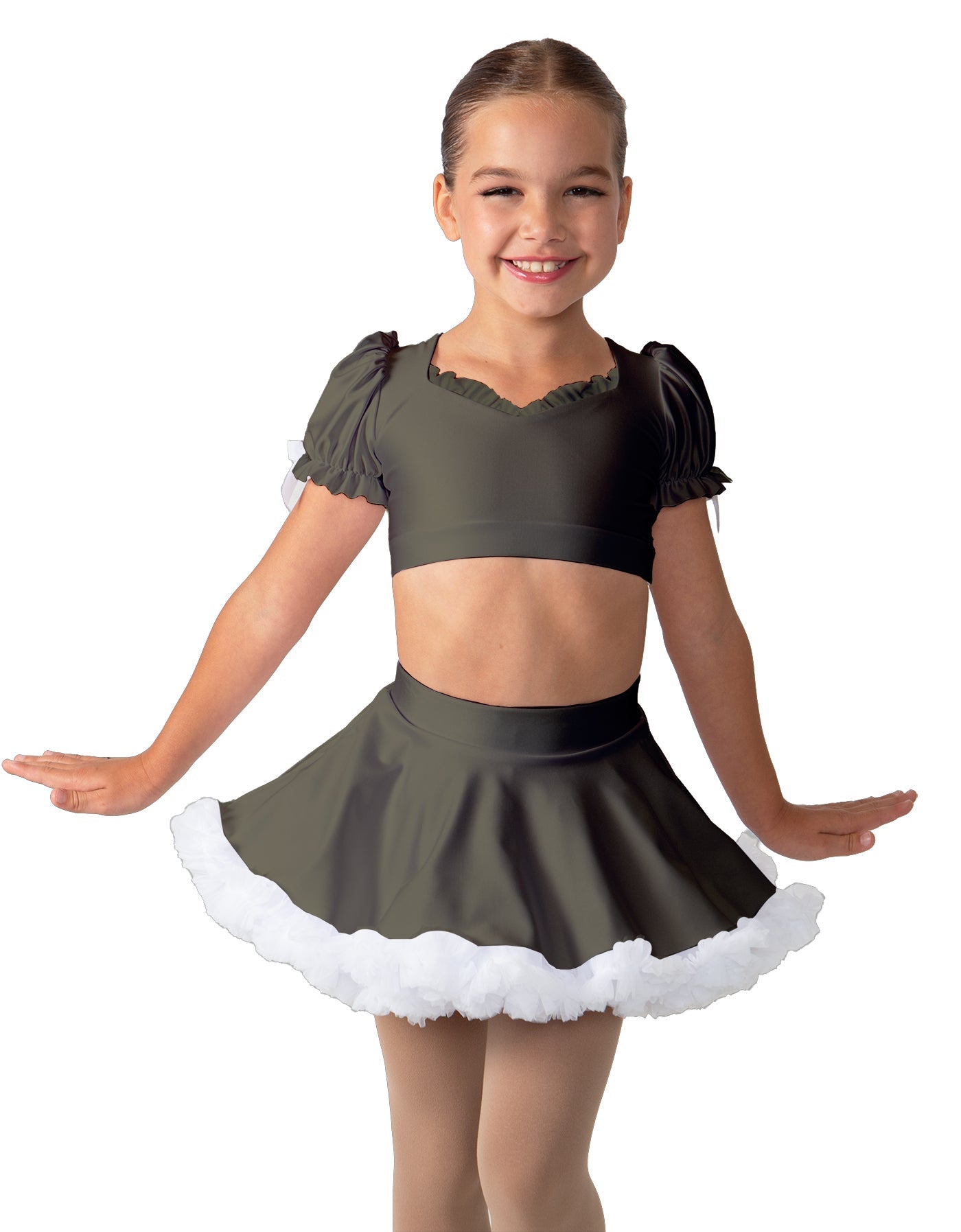 Solid Lycra Sweetheart Puff Sleeve Crop Top with Triangle Back and Ruffles