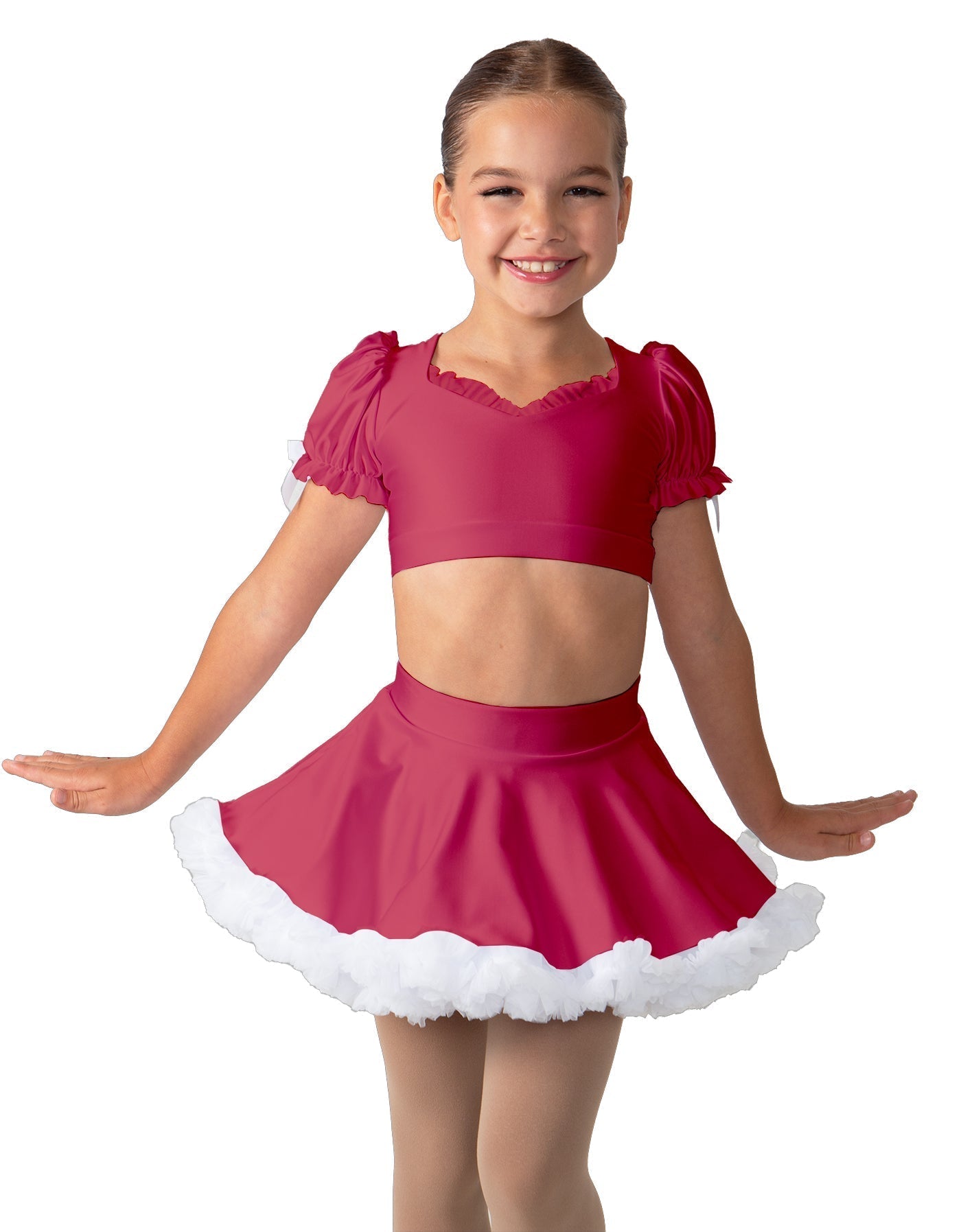Solid Lycra Sweetheart Puff Sleeve Crop Top with Triangle Back and Ruffles