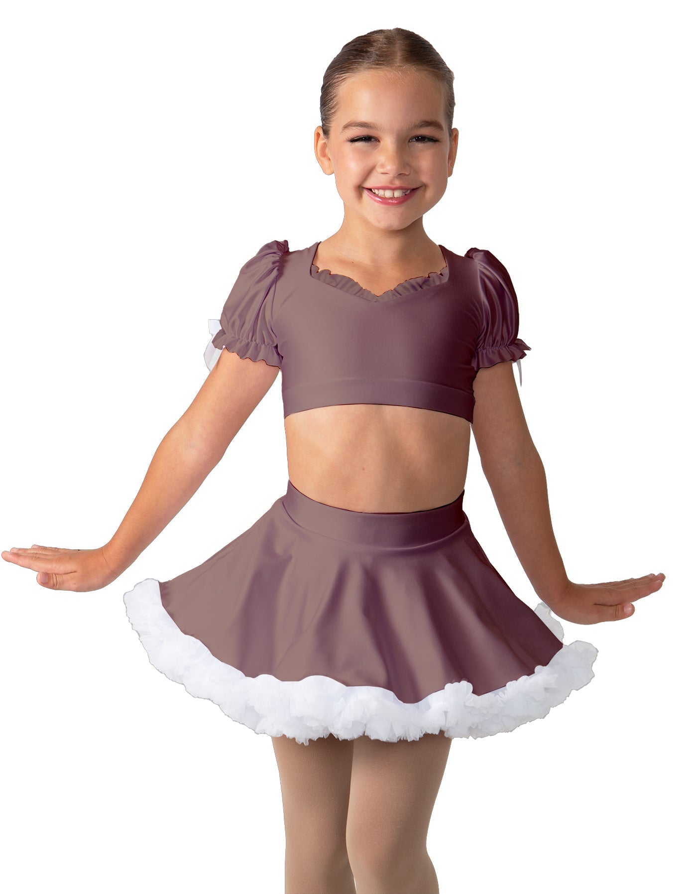 Solid Lycra Sweetheart Puff Sleeve Crop Top with Triangle Back and Ruffles