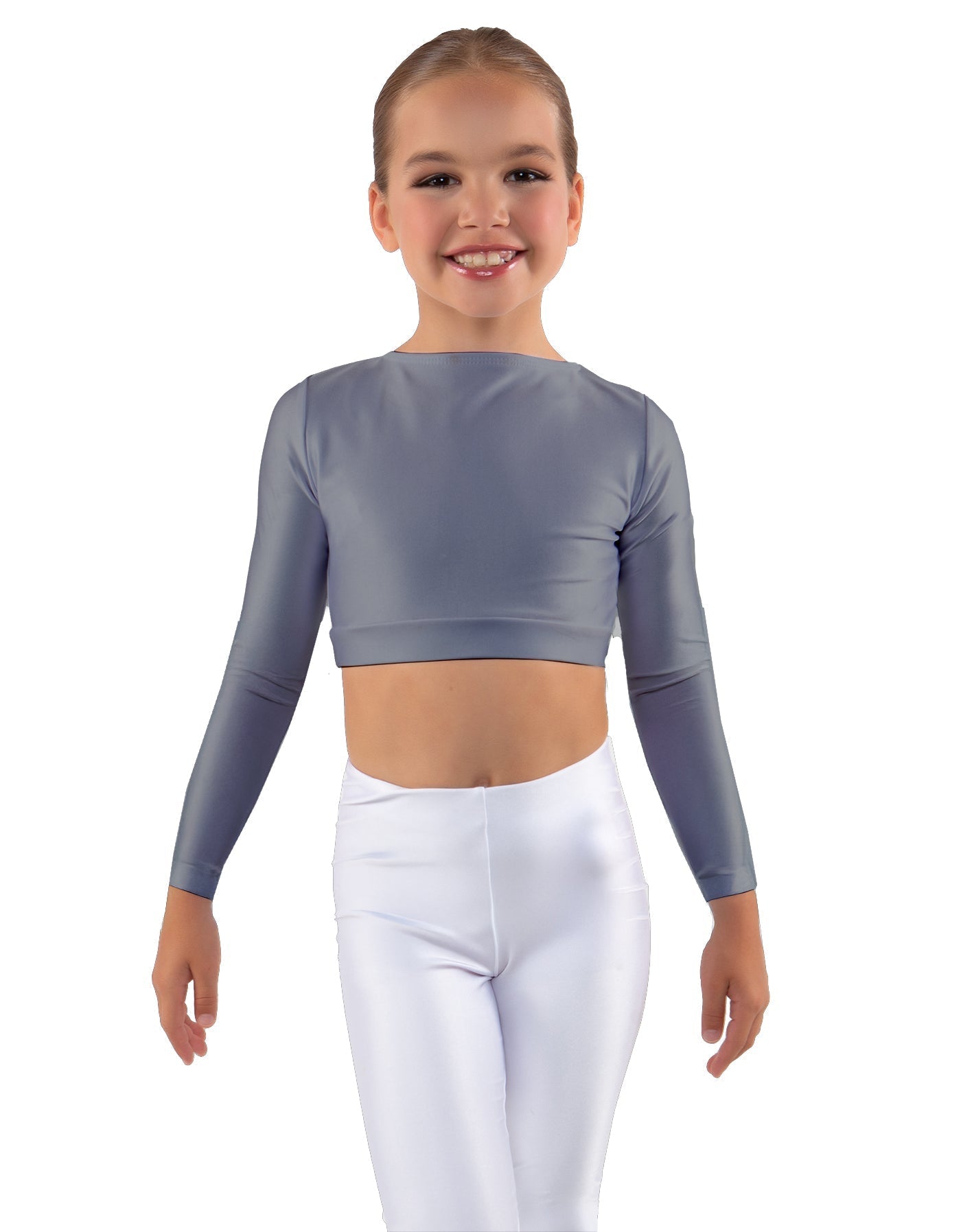 Solid Lycra LS Crew Neck Crop Top