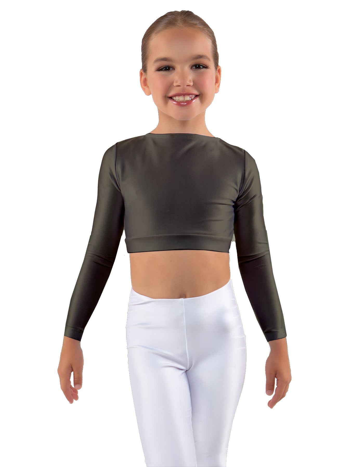 Solid Lycra LS Crew Neck Crop Top