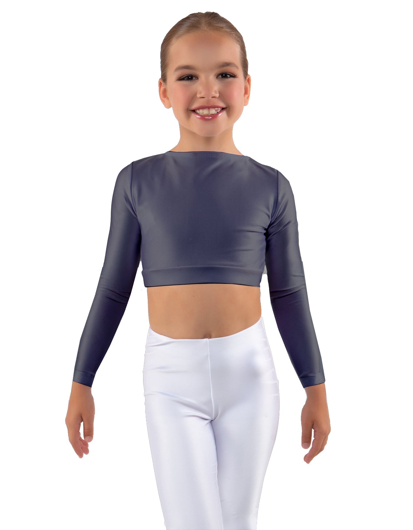 Solid Lycra LS Crew Neck Crop Top