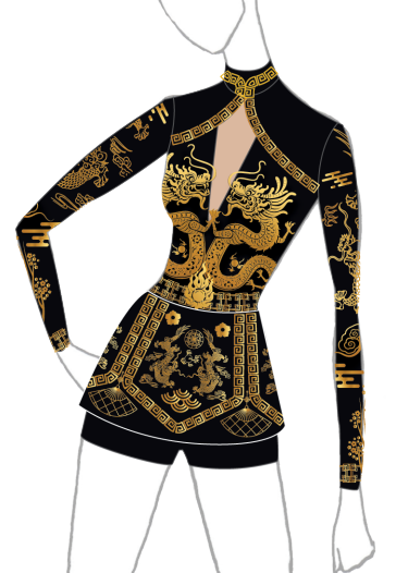 Custom Gold Dragon Biketard with Skirt